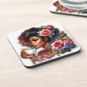 Lady mit rosa Rosen, die Kaffee geniessen Getränkeuntersetzer (Linke Seite)