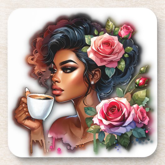 Lady mit rosa Rosen, die Kaffee geniessen Getränkeuntersetzer (Vorderseite)