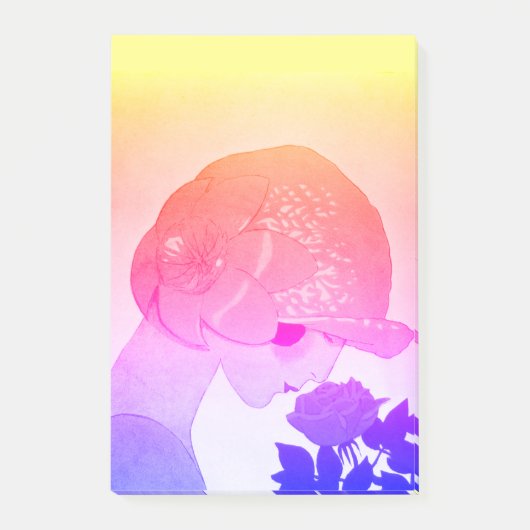 LADY MIT ROSE Pink Blue Yellow Schönheitsmode Post-it Klebezettel (Vorderseite)