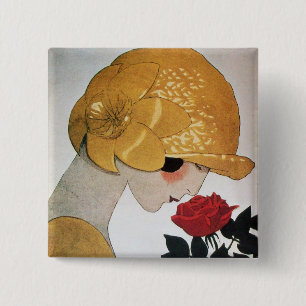 LADY MIT ROTE ROSE BUTTON