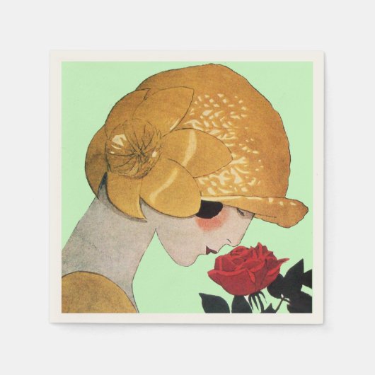 LADY MIT ROTE ROSE ,Green Serviette (Vorderseite)