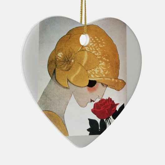 LADY MIT ROTE ROSE HERZ KERAMIK ORNAMENT (Rechts)