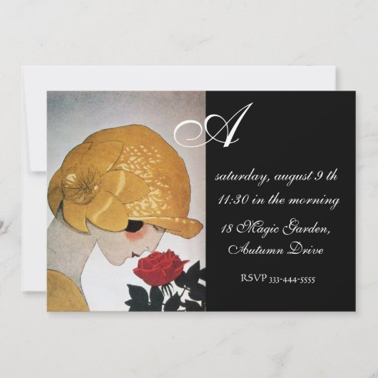 LADY MIT ROTE ROSE MONOGRAM BRAUTPARTY PARTY EINLADUNG (Rückseite)