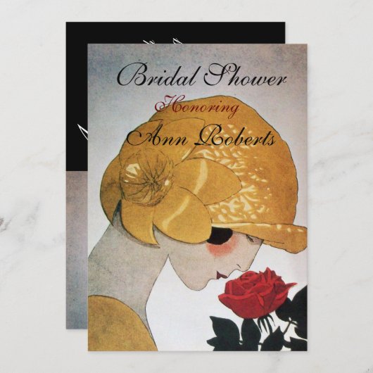 LADY MIT ROTE ROSE MONOGRAM BRAUTPARTY PARTY EINLADUNG (Vorne/Hinten)