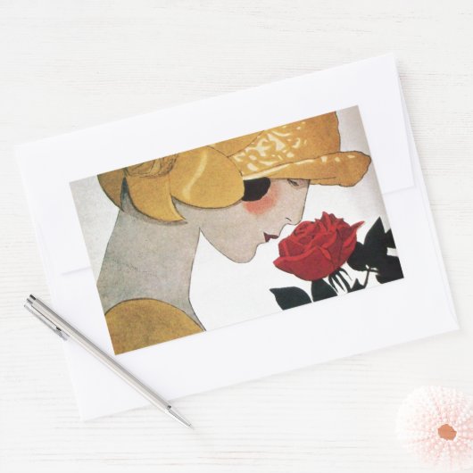 LADY MIT ROTE ROSE RECHTECKIGER AUFKLEBER (Umschlag)