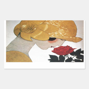 LADY MIT ROTE ROSE RECHTECKIGER AUFKLEBER