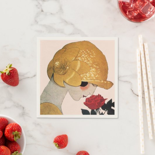 LADY MIT ROTE ROSE, rosa Serviette (Beispiel)