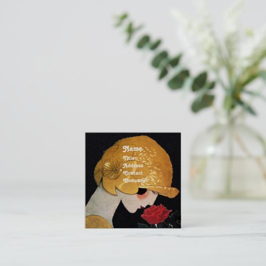 LADY MIT ROTE ROSE SCHAUTY FASHION COSTUME Black Quadratische Visitenkarte (Stehend Vorderseite)