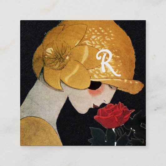 LADY MIT ROTE ROSE SCHAUTY FASHION COSTUME Black Quadratische Visitenkarte (Rückseite)
