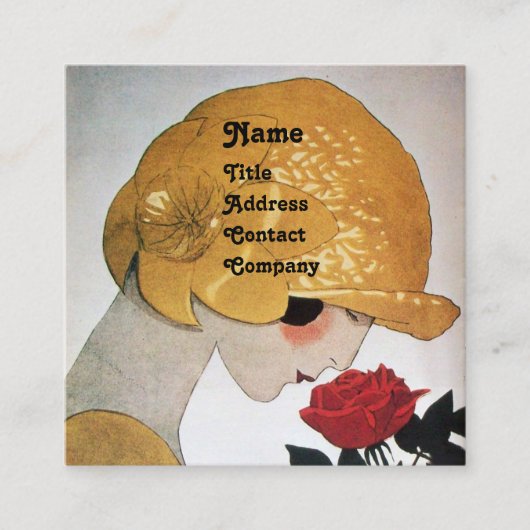 LADY MIT ROTE ROSE SCHAUTY FASHION COSTUME DESIGNE QUADRATISCHE VISITENKARTE (Vorderseite)