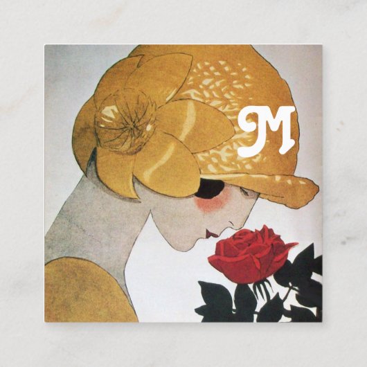 LADY MIT ROTE ROSE SCHAUTY FASHION COSTUME DESIGNE QUADRATISCHE VISITENKARTE (Rückseite)