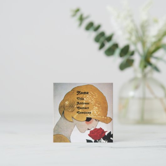 LADY MIT ROTE ROSE SCHAUTY FASHION COSTUME DESIGNE QUADRATISCHE VISITENKARTE (Stehend Vorderseite)
