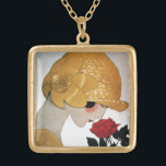 LADY MIT ROTE ROSE VERGOLDETE KETTE<br><div class="desc">Lebhafte,  klassische französische Art Deco High Mode Illustration. Porträt einer wunderschönen jungen Frau,  die einen goldenen Hut mit Blume trägt,  Schwarz-weiße,  gelbe,  graue Farben. Cooles,  modernes und künstlerisches Design.</div>