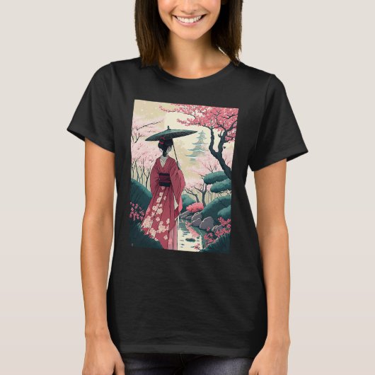 Lady mit Schirmkirsche Blossom Garden Japanisch T-Shirt (Vorderseite)