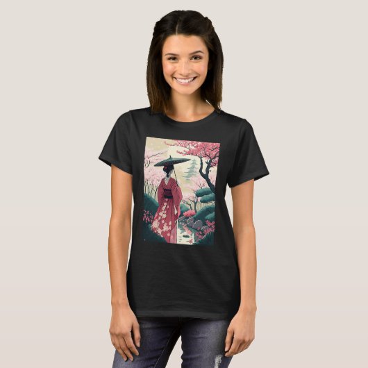 Lady mit Schirmkirsche Blossom Garden Japanisch T-Shirt (Vorne ganz)