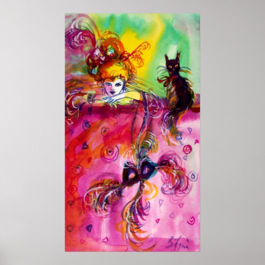 LADY MIT SCHWARZ KATZ Venezianische Masquerade Bal Poster (Vorne)