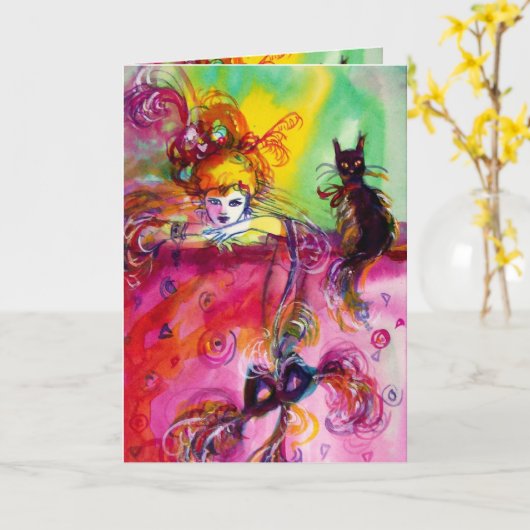 LADY MIT SCHWARZER KATZE KARTE (Gelbe Blume)