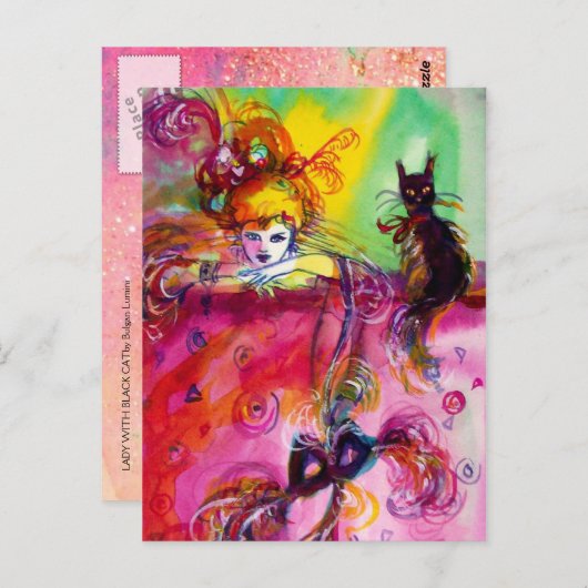 LADY MIT SCHWARZER KATZE POSTKARTE (Vorne/Hinten)