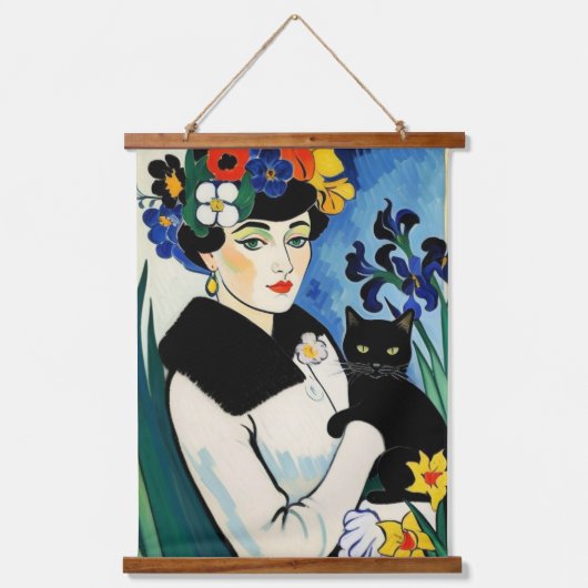 Lady mit schwarzer Katze Wandteppich Mit Holzrahmen (Vorderseite)