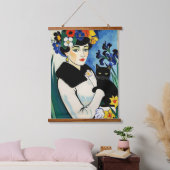 Lady mit schwarzer Katze Wandteppich Mit Holzrahmen (Schlafzimmer)