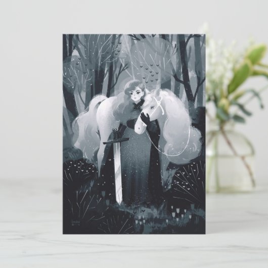 Lady mit Schwert und Weiß Pferd Schwarz und Weiß Einladung (Stehend Vorderseite)