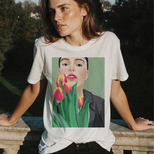 Lady mit Tulip Green & Orange Moderne Grafik T-Shirt