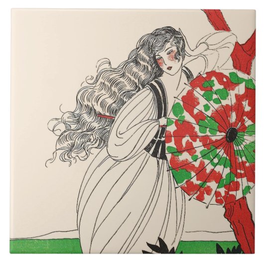 LADY MIT UMBRELLA Art Deco Schöne Mode Fliese (Vorderseite)