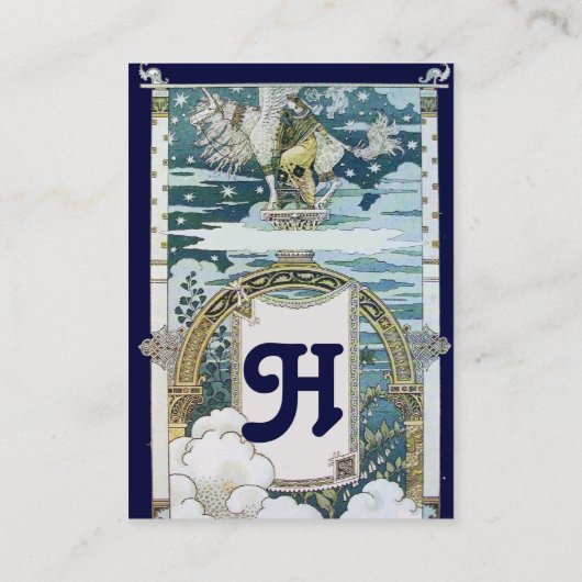 LADY MIT UNICORN,blau-weiß-platinmetallisch Visitenkarte (Rückseite)