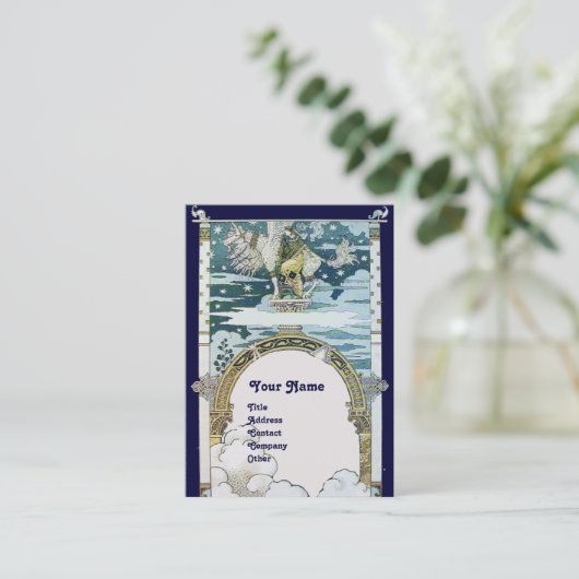 LADY MIT UNICORN,blau-weiß-platinmetallisch Visitenkarte (Stehend Vorderseite)