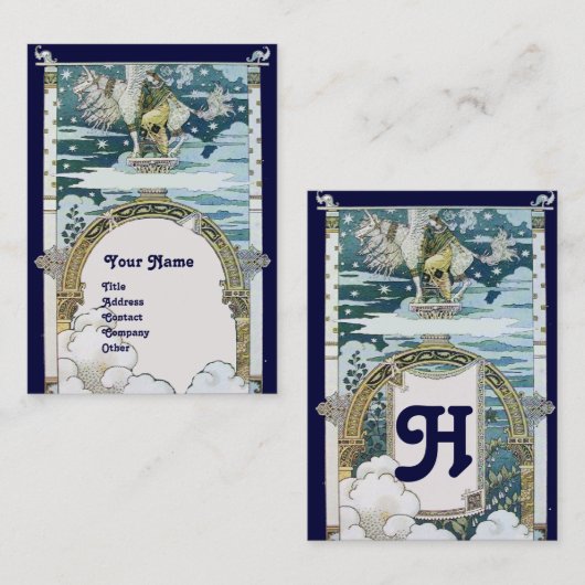 LADY MIT UNICORN,blau-weiß-platinmetallisch Visitenkarte (Vorne/Hinten)