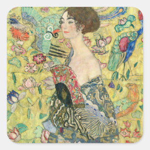 Lady mit Ventilator, Gustav Klimt, 1907,art nouvea Quadratischer Aufkleber