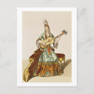 Lady of Quality Playing the Guitar, fashion plate, Postkarte