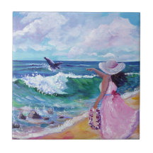Lady on Beach mit Humpback Whale Keramik Tile