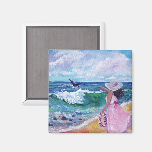 Lady on Beach mit Humpback Whale Magnet (Vorderseite/Rückseite)
