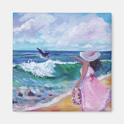 Lady on Beach mit Humpback Whale Magnet (Vorne)