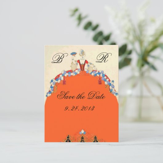 LADY ORANGE / BREITPARTEI SAVE THE DATE MONOGRAM ANKÜNDIGUNGSPOSTKARTE (Stehend Vorderseite)