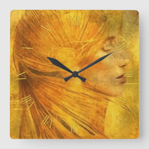 Lady-Portrait in Goldfarben Quadratische Wanduhr