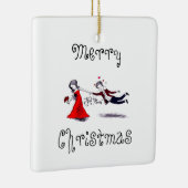 Lady Pulling Husband Funny Wedding Keramikornament (Rechts)