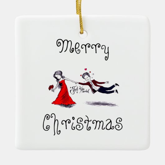 Lady Pulling Husband Funny Wedding Keramikornament (Vorderseite)