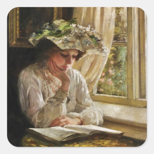 Lady Reading by Window Quadratischer Aufkleber (Vorderseite)