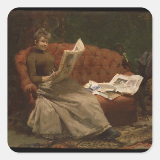 Lady Reading Quadratischer Aufkleber (Vorderseite)