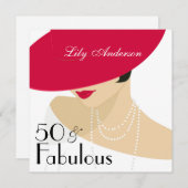 Lady Red hat elegante Perlen 50 & Fabulous Einladung (Vorne/Hinten)