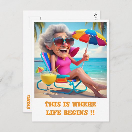 " LADY RETIRED AM STRAND " POSTKARTE (Vorne/Hinten)