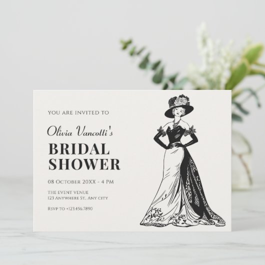 Lady Retro Vintages elegantes Brautparty Einladung (Stehend Vorderseite)