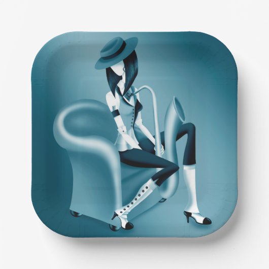 Lady Saxophonist - Jazz-Inspirierte Party-Teller Pappteller (Vorderseite)