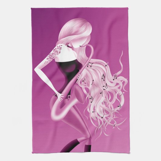 Lady Saxophonist Pink Tea Towel Geschirrtuch (Vertikal)