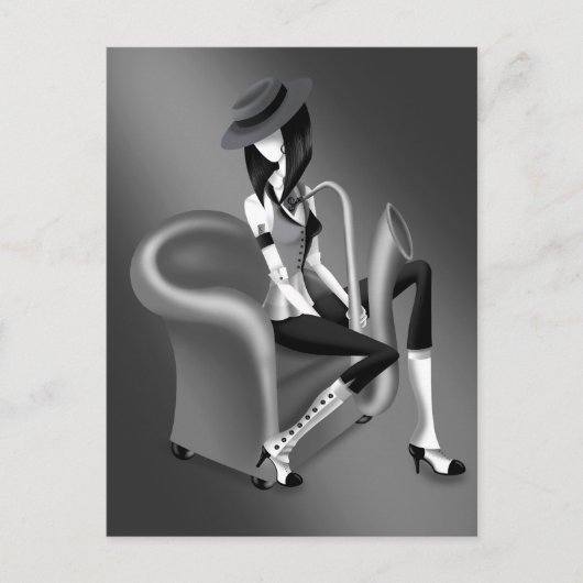 Lady Saxophonist Postcard mit Vintagem Flair Postkarte (Vorderseite)