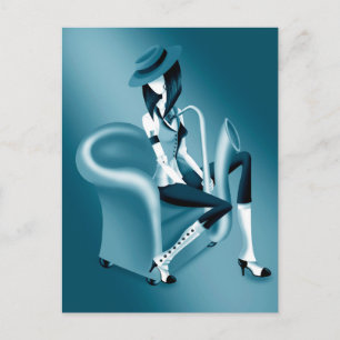Lady Saxophonistin Postkarte mit Vintage Charme