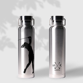 Lady Silver mit Schwarz-Modernes Golfer Monogramm Trinkflasche