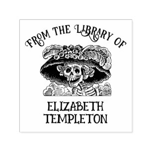 Lady Skeleton Skull mit Big Hat Library Book Name Permastempel